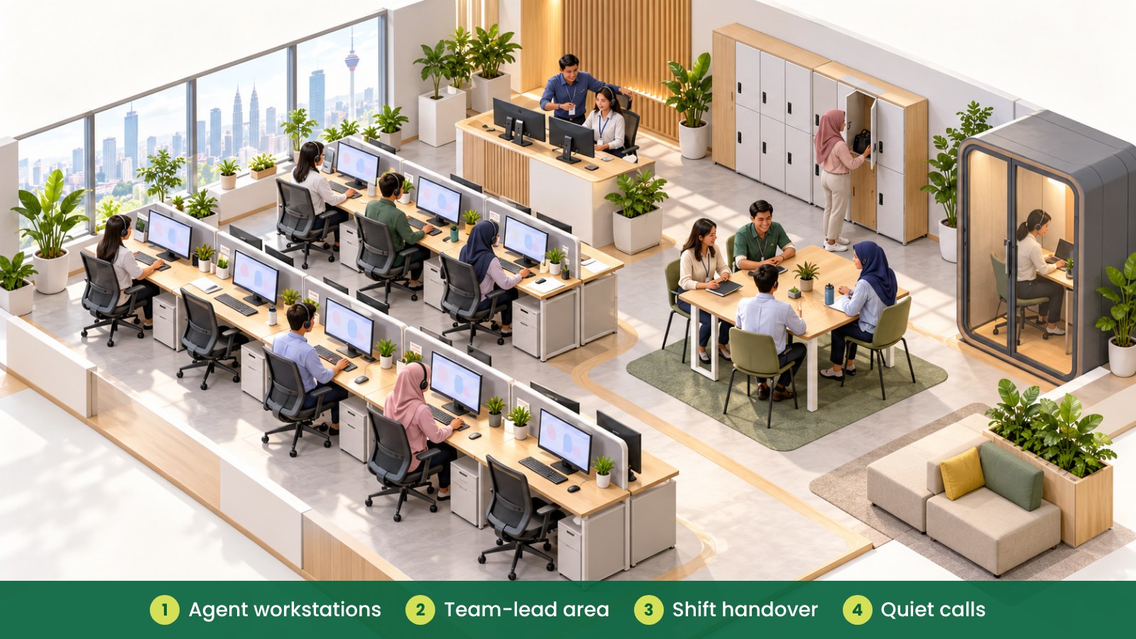 Call Centre Office Setup: Comfort for Long Shifts: Agent workstations, Team-lead area, Shift handover, Quiet calls