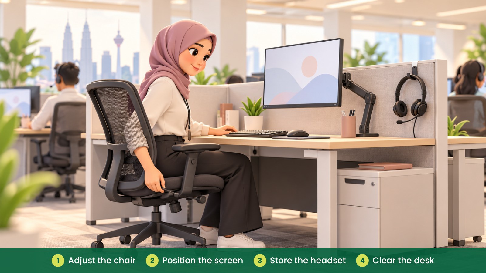 Call Centre Office Setup: Comfort for Long Shifts: Adjust the chair, Position the screen, Store the headset, Clear the desk