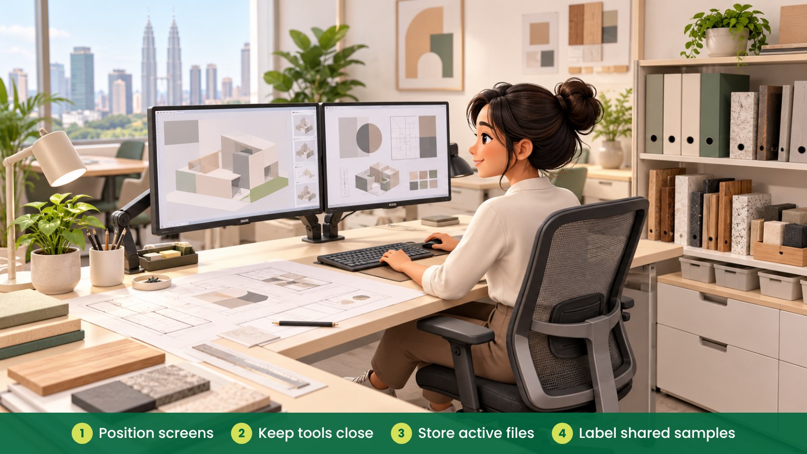 Engineering and Design Office: Desks, Screens and Storage: Position screens, Keep tools close, Store active files, Label shared samples