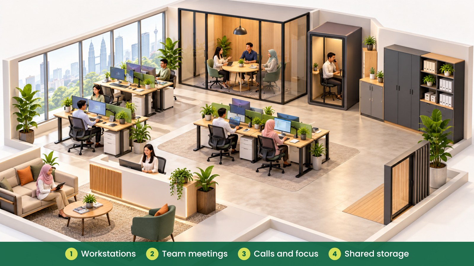 General Office Setup: What a New Office Needs: Workstations, Team meetings, Calls and focus, Shared storage