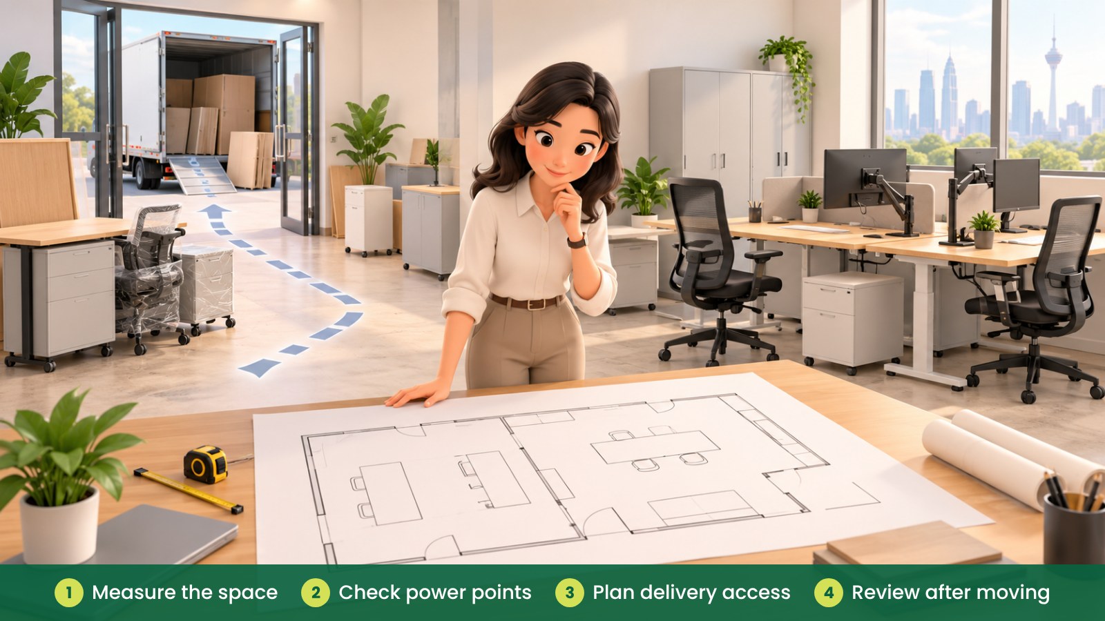 General Office Setup: What a New Office Needs: Measure the space, Check power points, Plan delivery access, Review after moving
