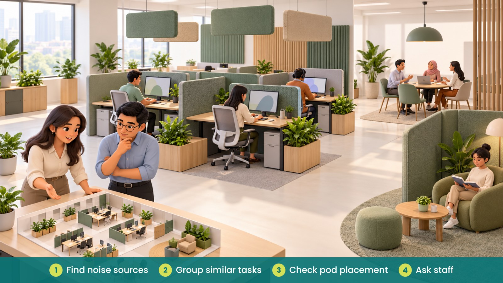 Open Office Noise: Practical Ways to Reduce Distraction: Find noise sources, Group similar tasks, Check pod placement, Ask staff