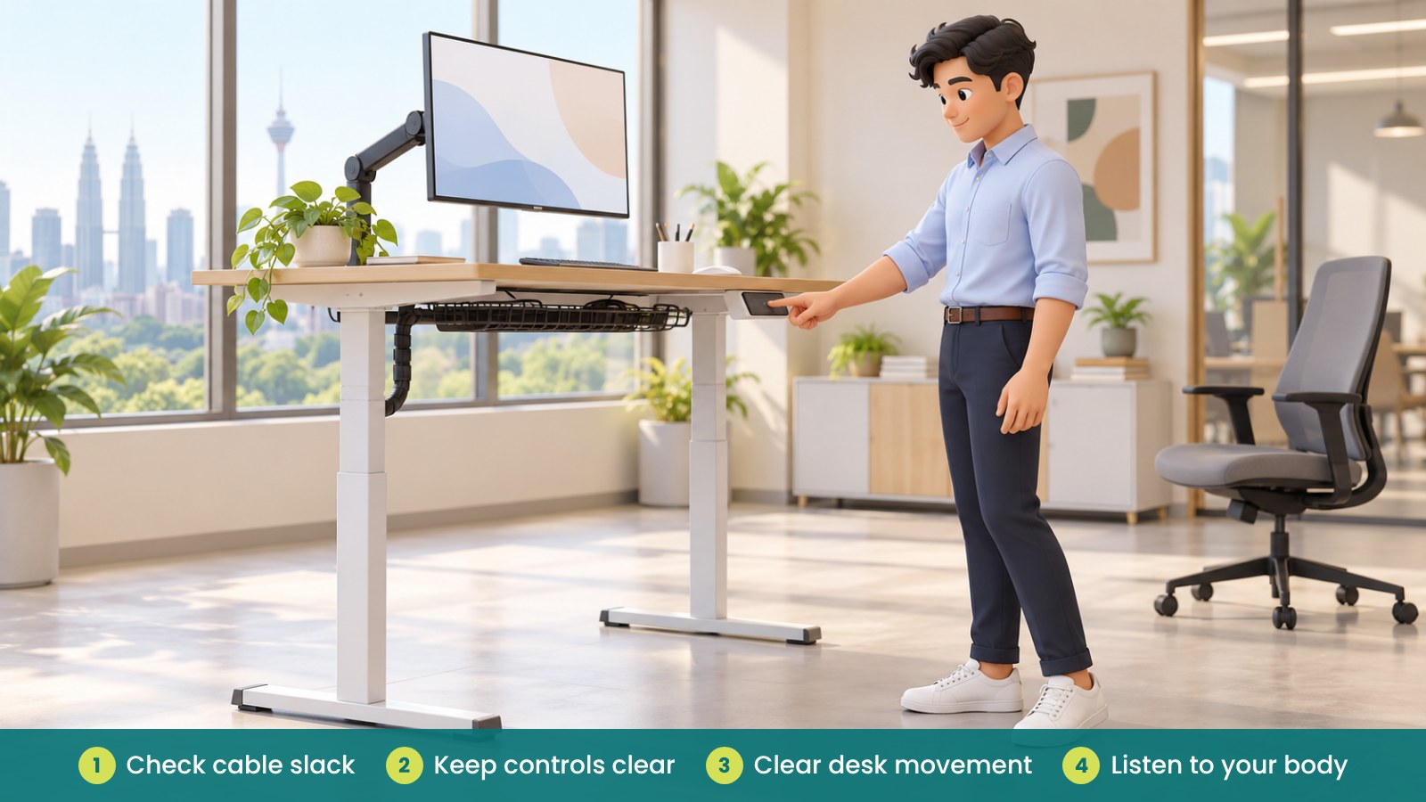 Using a Standing Desk Well: Simple Habits That Help: Check cable slack, Keep controls clear, Clear desk movement, Listen to your body